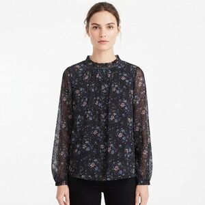 LOFT Blouse Womans Medium Floral Swiss Dot Ruffle Neck Blouse Black Pink Blue